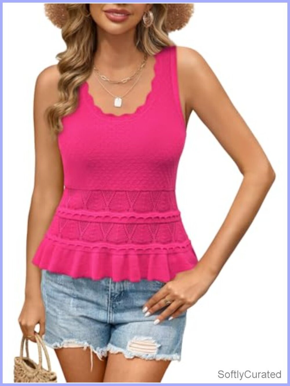 Crochet Ruffle Hem Crop Tank Top Sleeveless Knit Boho Peplum Casual Cute Tops